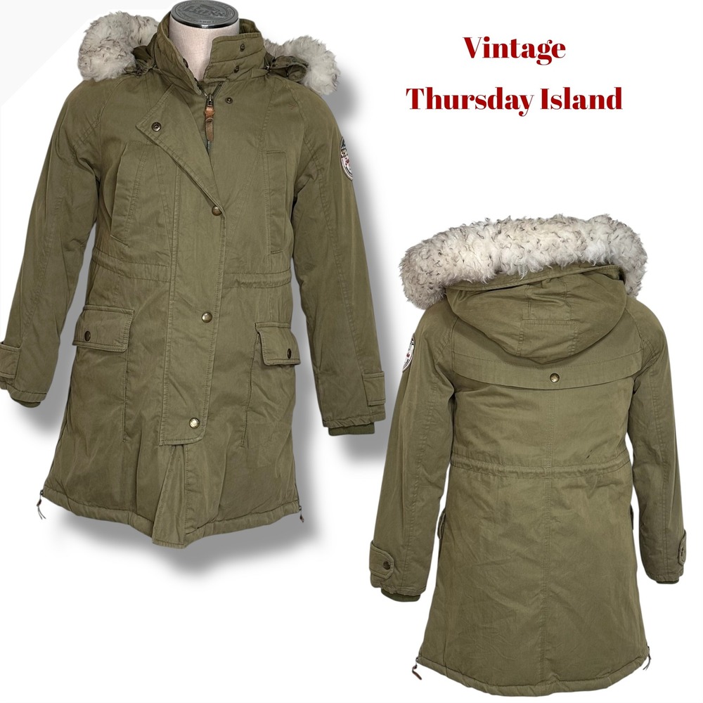 Vintage‎ Thursday Island Military Style Parka Coat Faux Fur Hood Olive Green